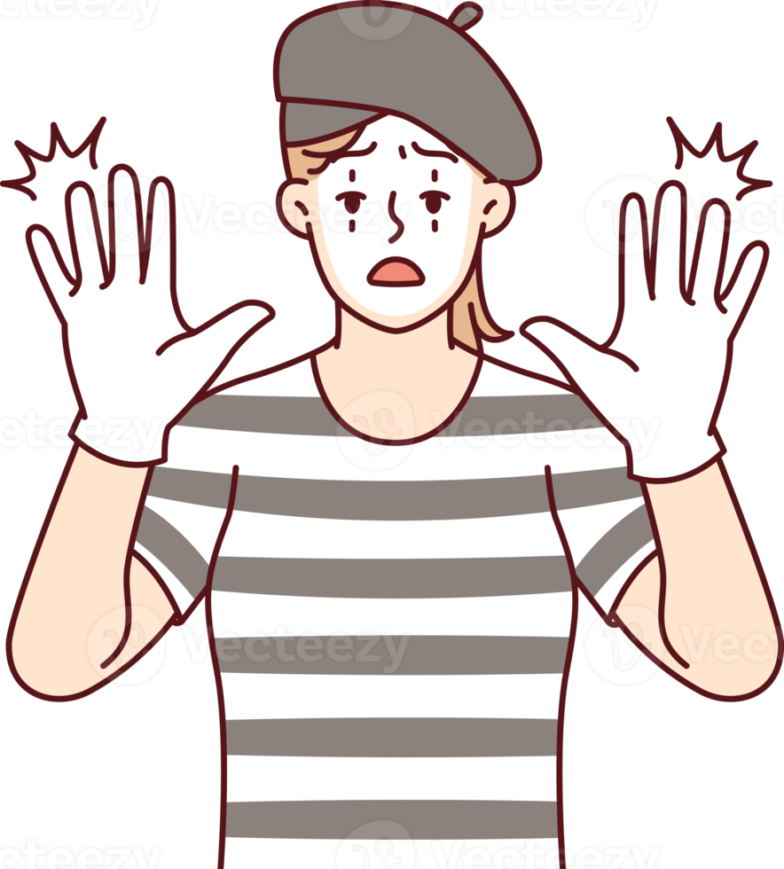 Woman clown with white face entertains people by acting as mime and touches screen. Vector image png