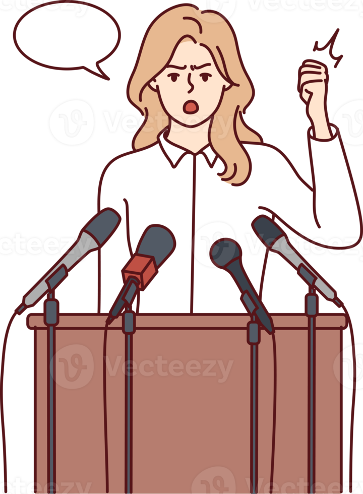 Woman politician speaks stands near wooden tribune with microphones and waving hand png