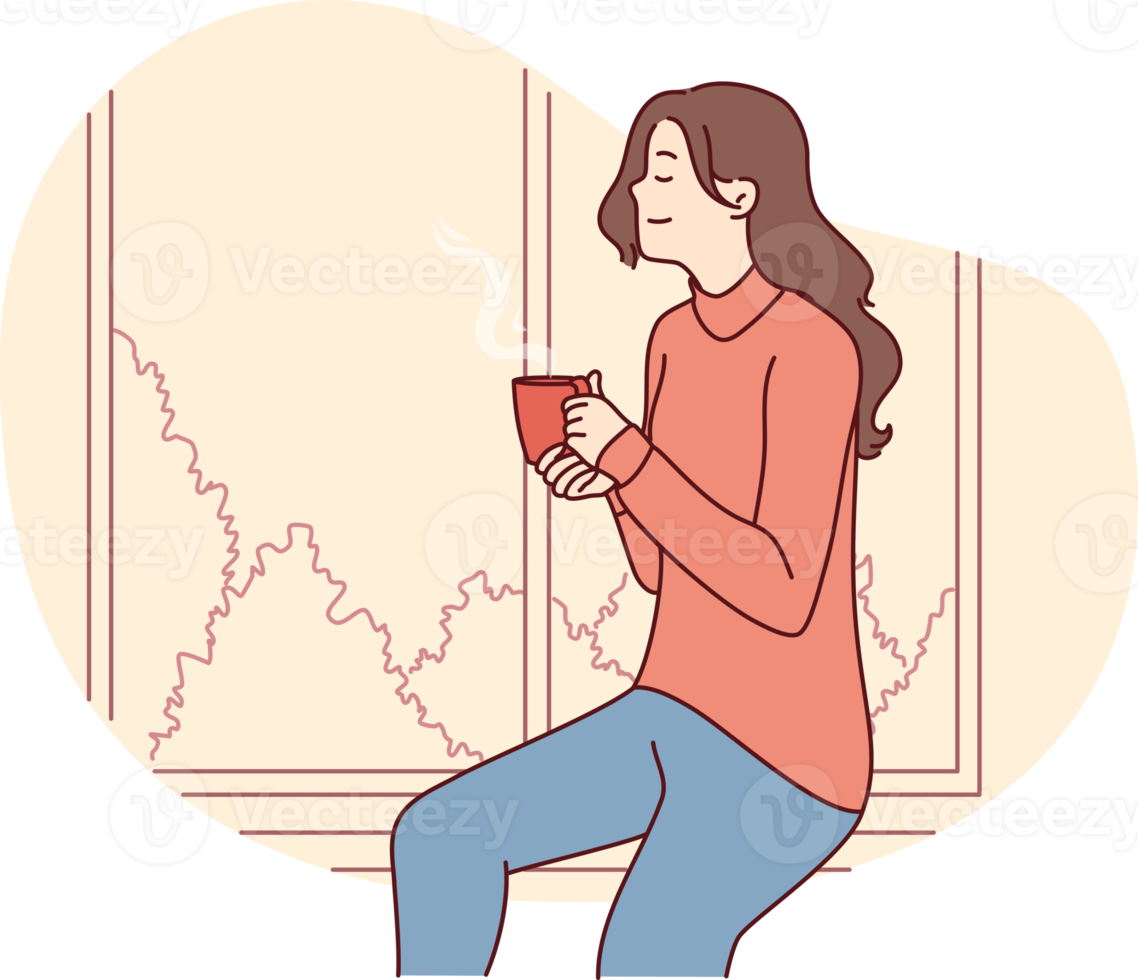 Positive girl dreaming and watching landscape through window with cup coffee in hands png