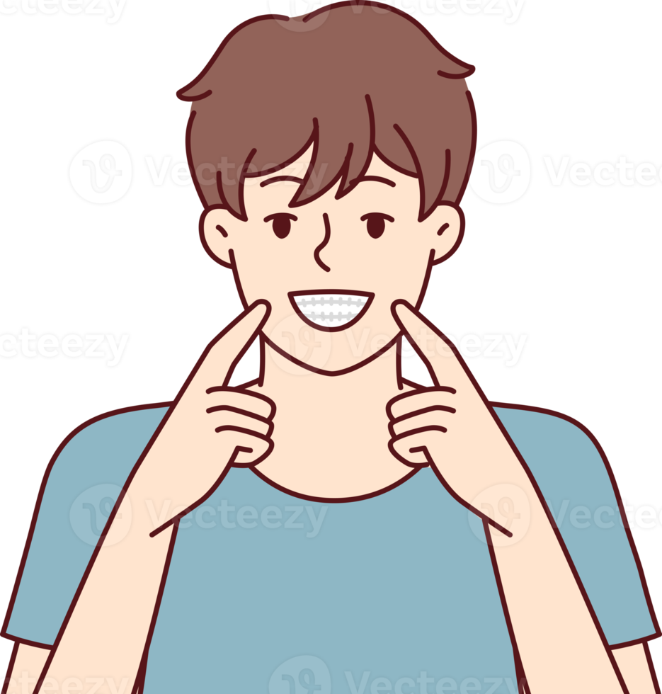 Man smiles broadly pointing fingers at mouth showing off snow-white healthy teeth. Vector image png