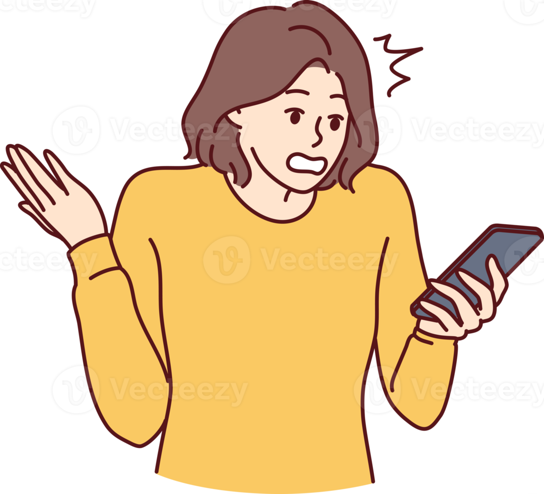 Puzzled woman holding phone and reading unpleasant SMS from bank makes wave of hand png