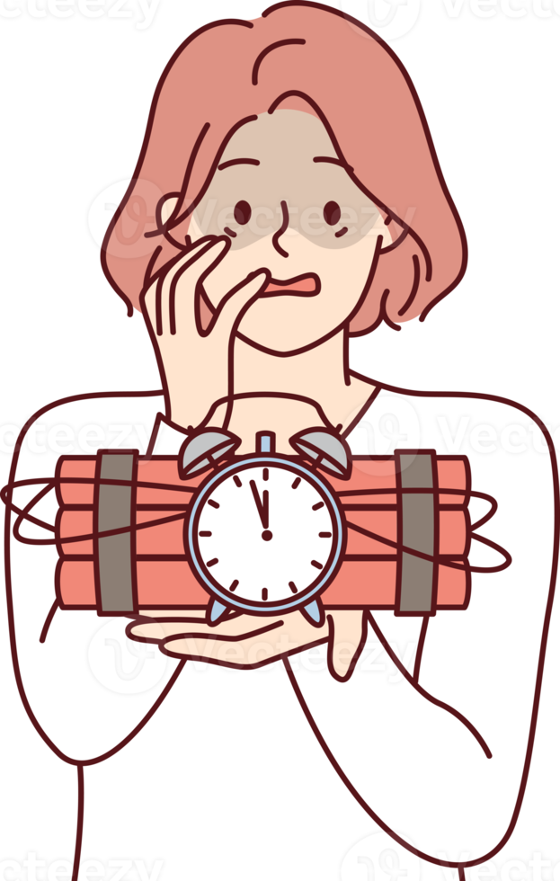 Frightened woman holds bomb with clockwork and does not know how to stop explosion png