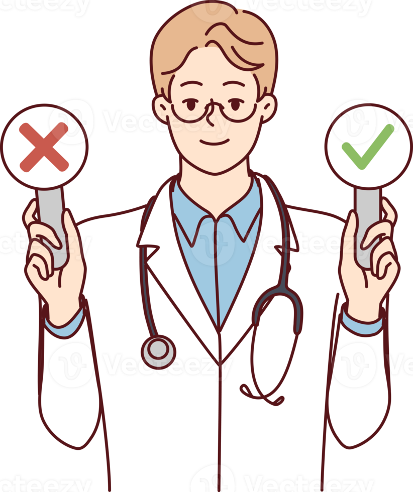 Man doctor with stethosop around neck demonstrates signs with check mark and cross png