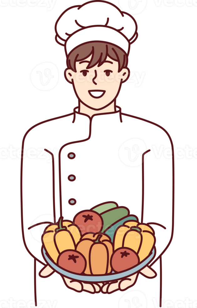 Man restaurant chef holds plate with fresh vegetables offering to make vegetable salad png