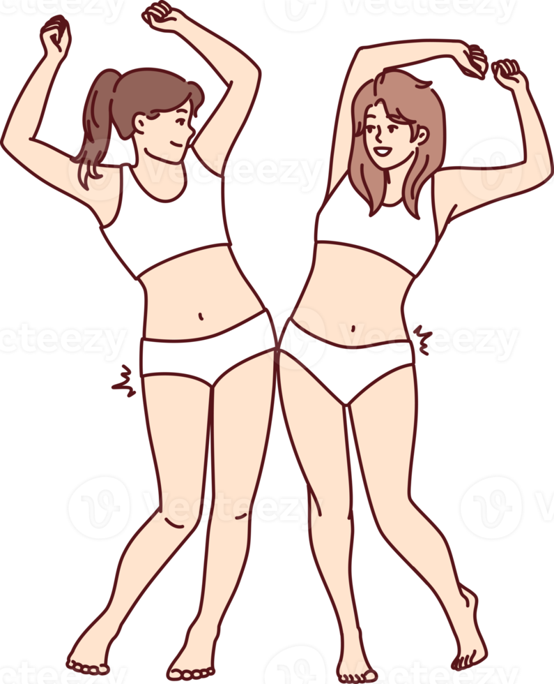 Slender women in swimsuits bumping hips rejoice at result of losing weight after diet png