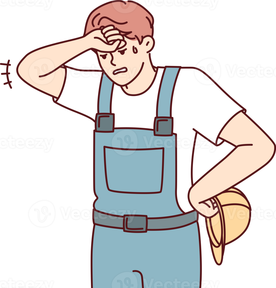 Tired sweaty man in construction uniform and safety helmet wiping forehead png