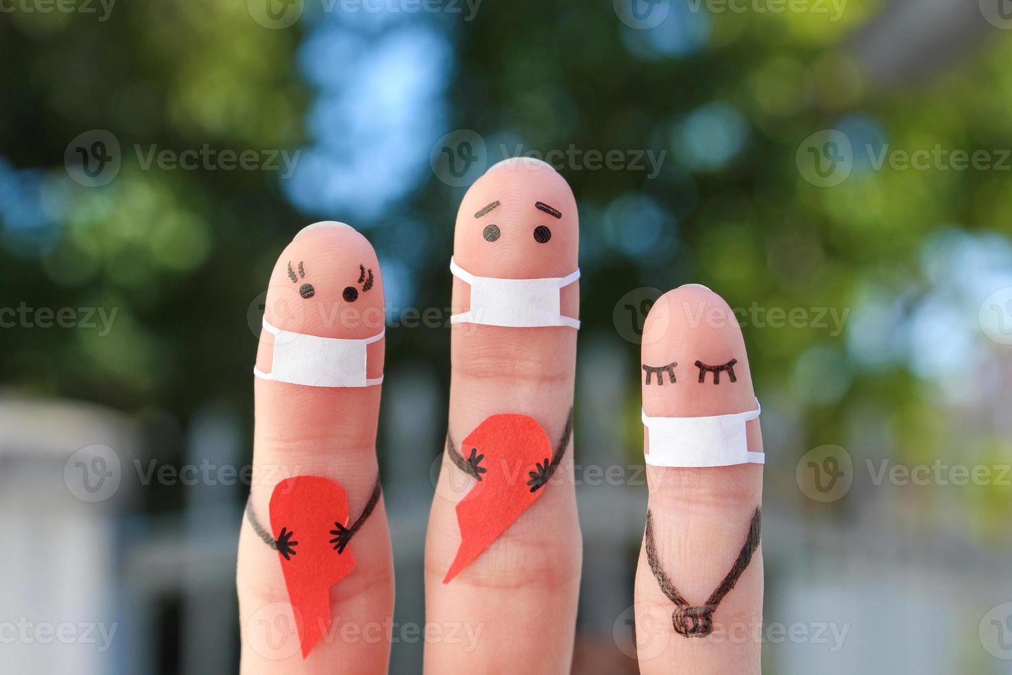 Fingers art of family in medical mask from COVID-2019. Concept of couple holding broken heart. photo