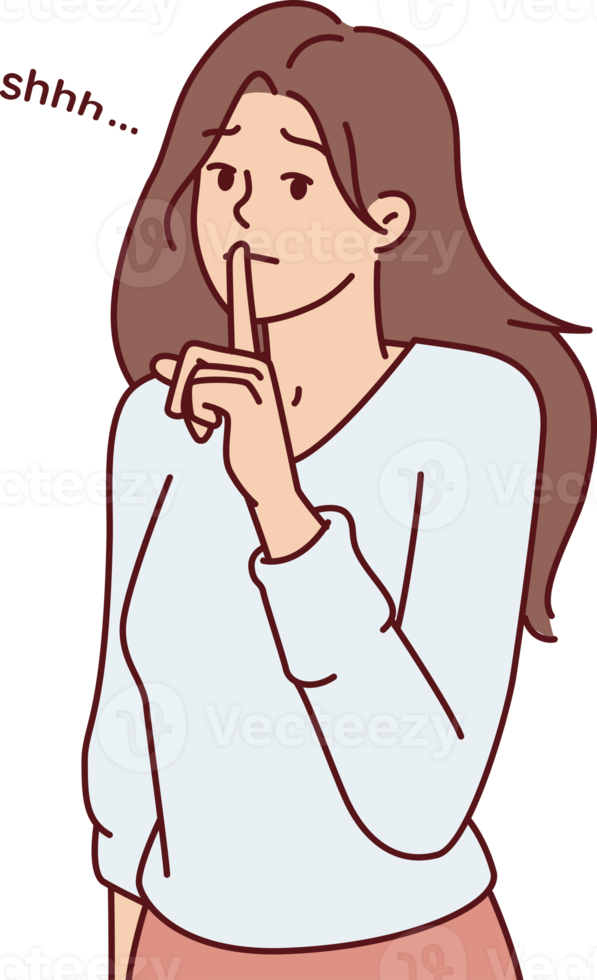 Modest woman puts finger to lips wanting to keep secret or calm interlocutor png