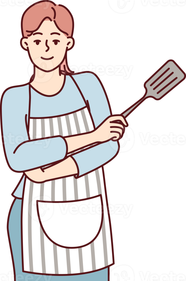 Smiling woman housewife in apron stands with arms crossed with spatula for cooking png