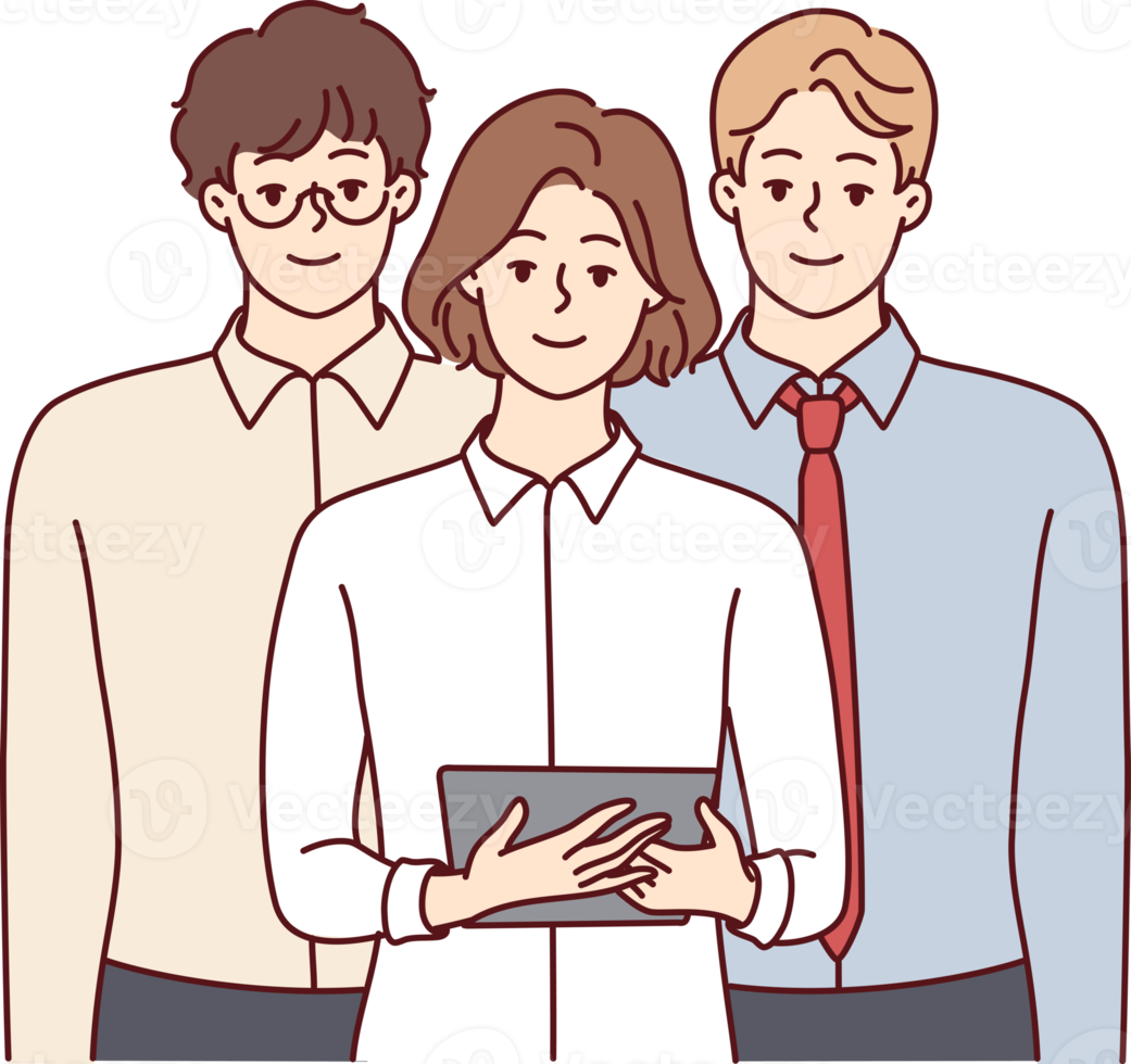 Team young professionals from woman with tablet and two men in business clothes png