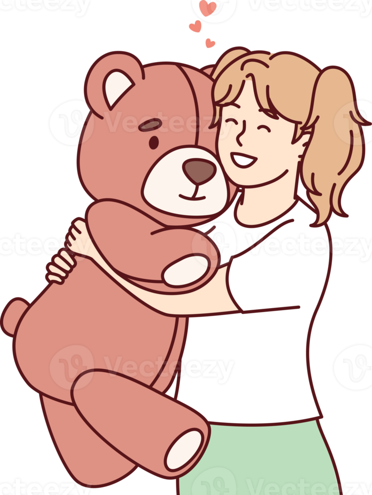 Little girl hugs big favorite soft toy and smiles feeling affection of plush bear png