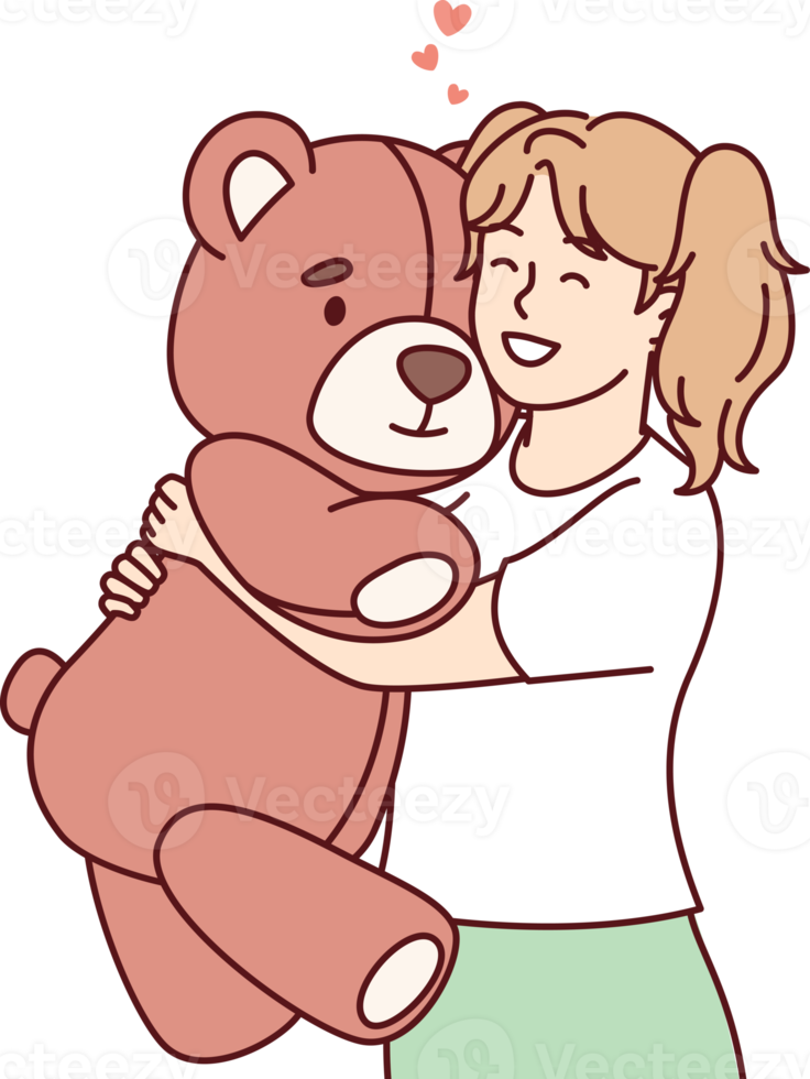 Little girl hugs big favorite soft toy and smiles feeling affection of plush bear 21481582 PNG