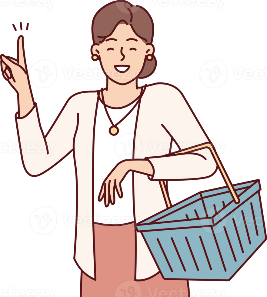 Positive woman with grocery shopping cart showing finger up after coming up with ide png