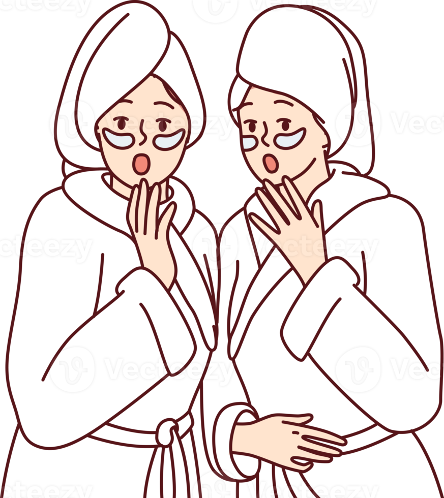 Shocked women dressed in white shower robes with towels on wet hair opening mouths png