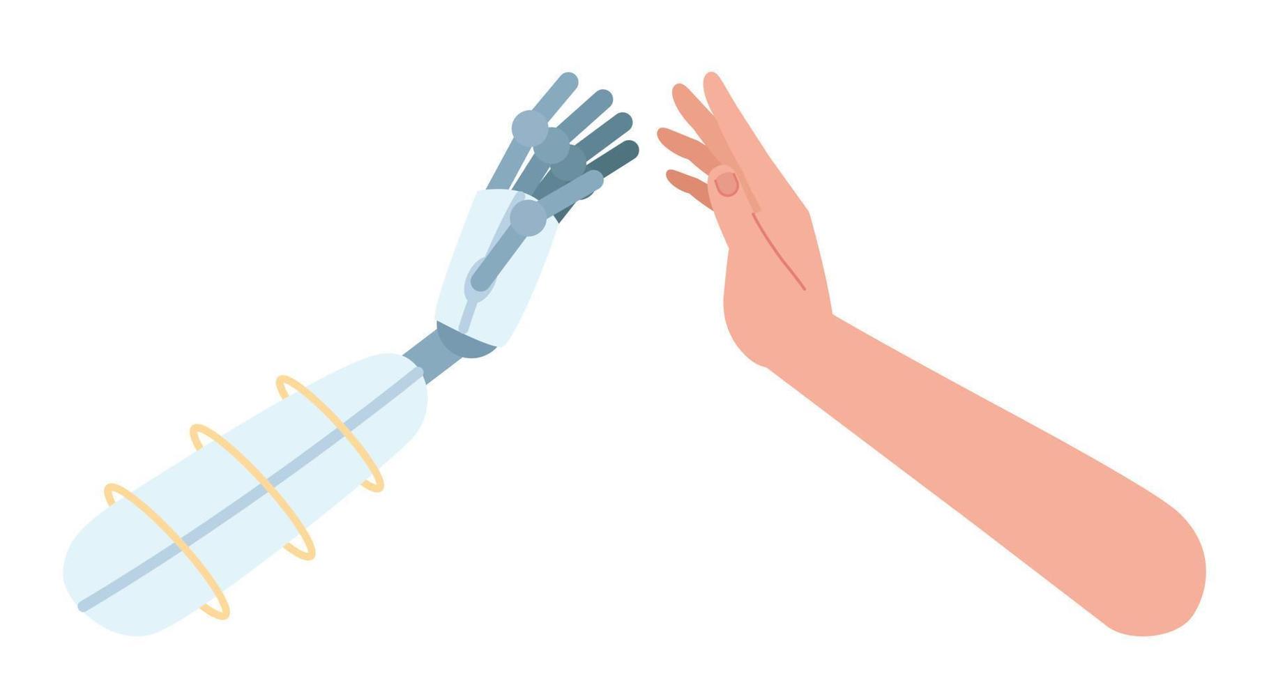 Robot and human clapping each other hands semi flat color vector characters. Collaboration. Editable body parts on white. Simple cartoon style spot illustration for web graphic design and animation