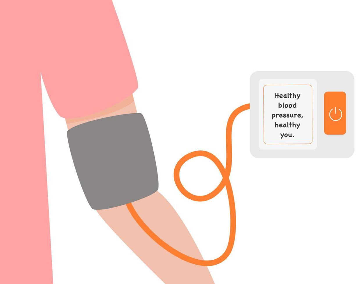 High blood pressure vector concept, blood pressure measurement. Tonometer on a hand of a person measuring blood pressure.Healty lifestyle