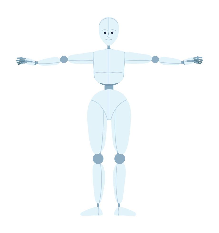 humanoide robot hacer ejercicio semi plano color vector personaje. parecido a un humano danza movimienot. editable lleno cuerpo figura en blanco. sencillo dibujos animados estilo Mancha ilustración para web gráfico diseño y animación