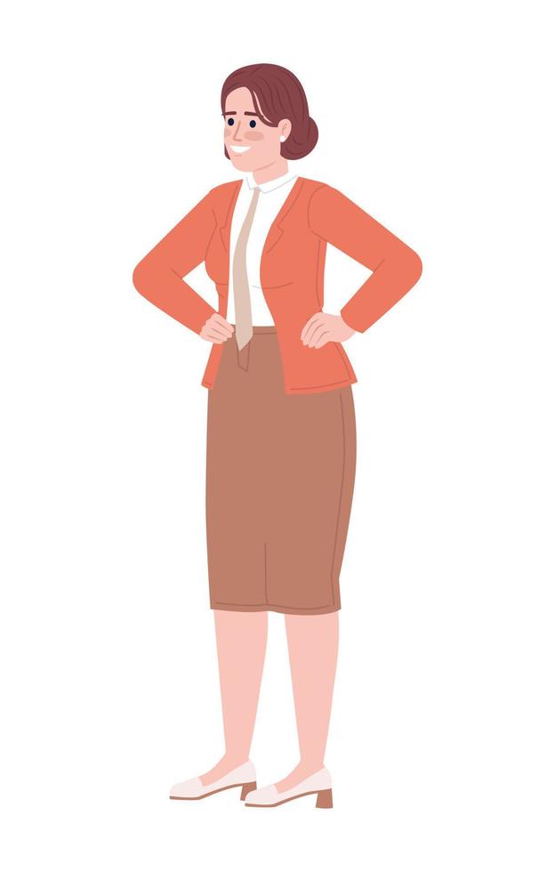 Confident office lady with hands on hips semi flat color vector character. Editable figure. Full body person on white. Simple cartoon style spot illustration for web graphic design and animation