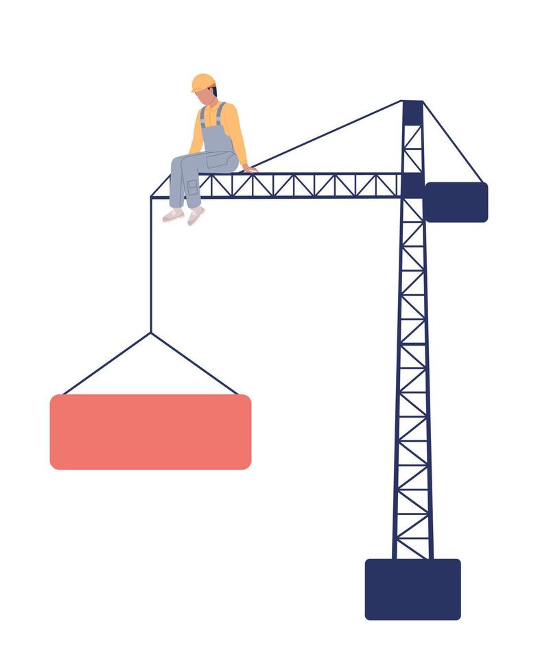 trabajador sentado en torre grua semi plano color vector personaje. edificio máquina en construcción sitio. editable en blanco. sencillo dibujos animados estilo Mancha ilustración para web gráfico diseño y animación