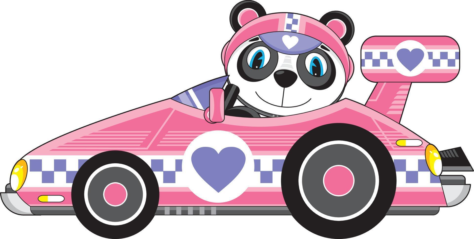 dibujos animados panda oso carreras conductor en corazón Deportes coche vector