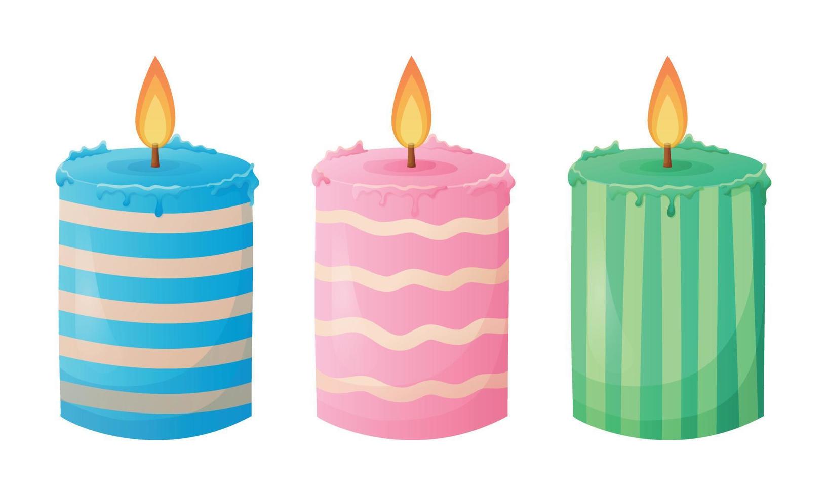 Multi-colored festive wax candles with fire. Set of cartoon isolated vector illustrations, holiday decoration design element.