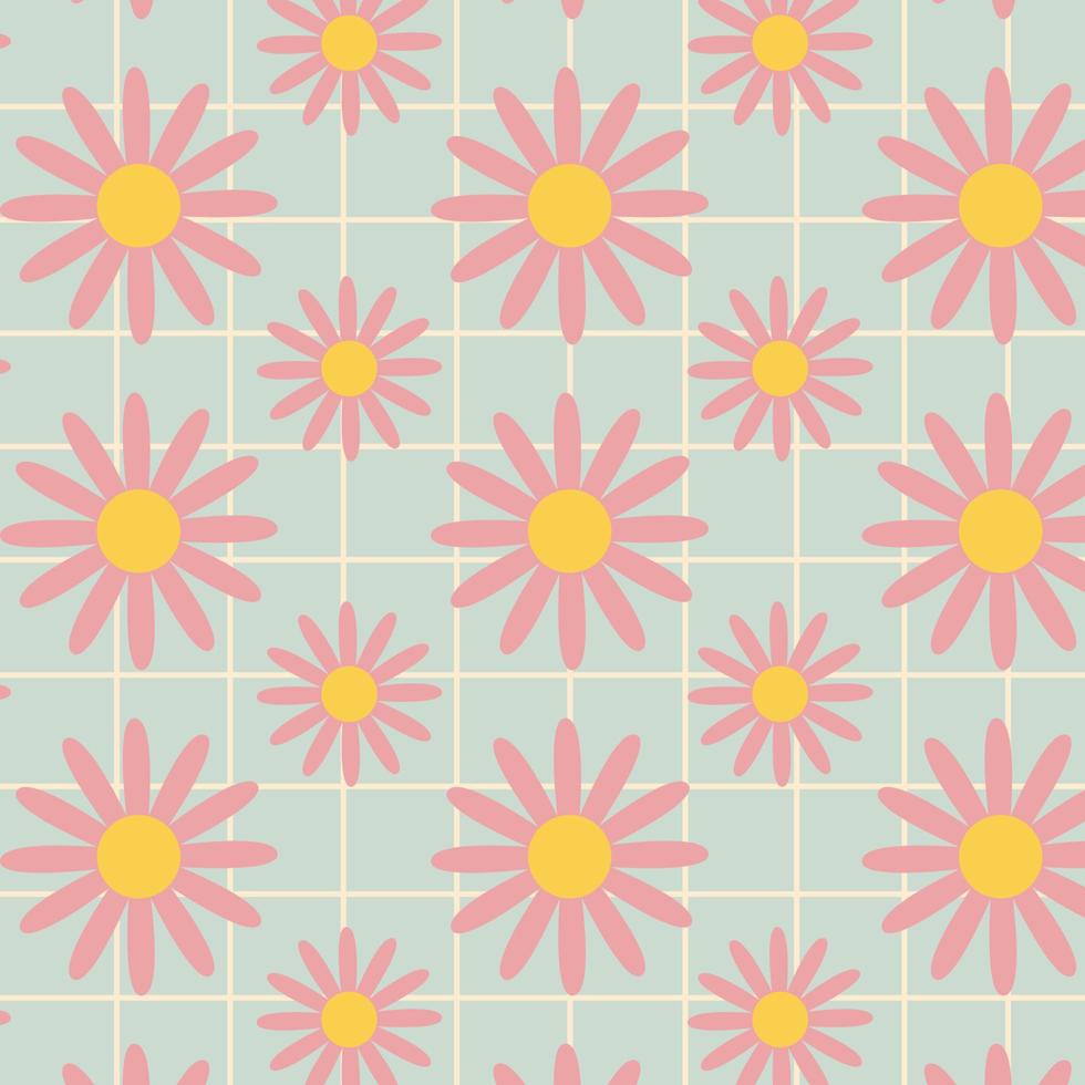 Groovy pattern with pink daisy flowers on blue background. vector