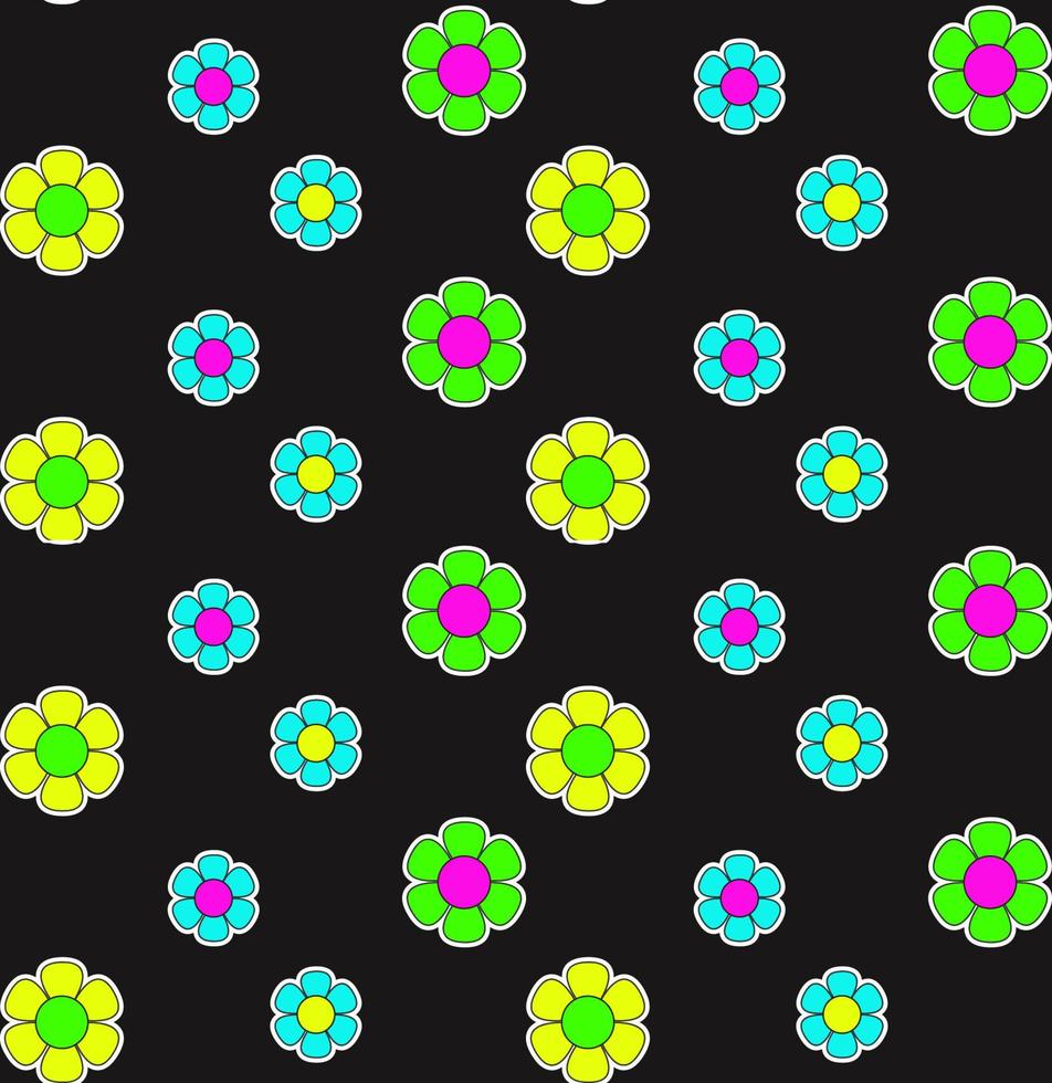 Groovy pattern neon hippie flower on black background. vector