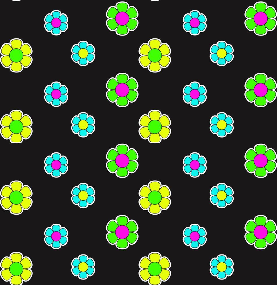 Groovy pattern neon hippie flower on black background. vector