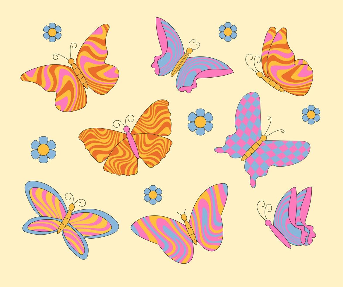 retro mariposa 70s 60s maravilloso hippie vector ilustración conjunto aislado en blanco. retro colores mariposas impresión recopilación.