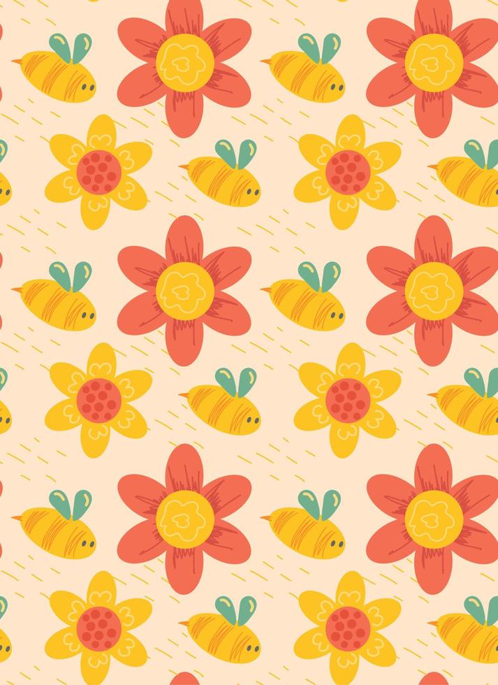 Pattern bright daisy flower and textured bees on yellow background. vector