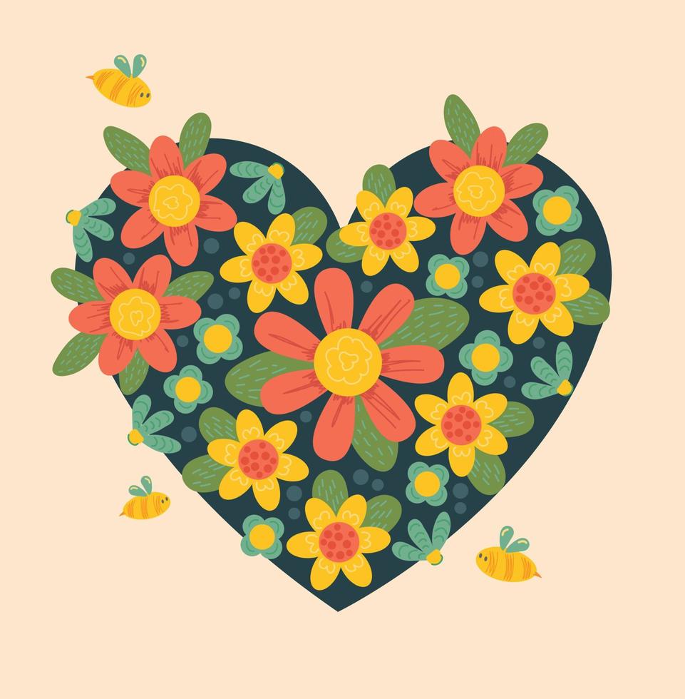 Colorful textured flower and heart shape on black background vector