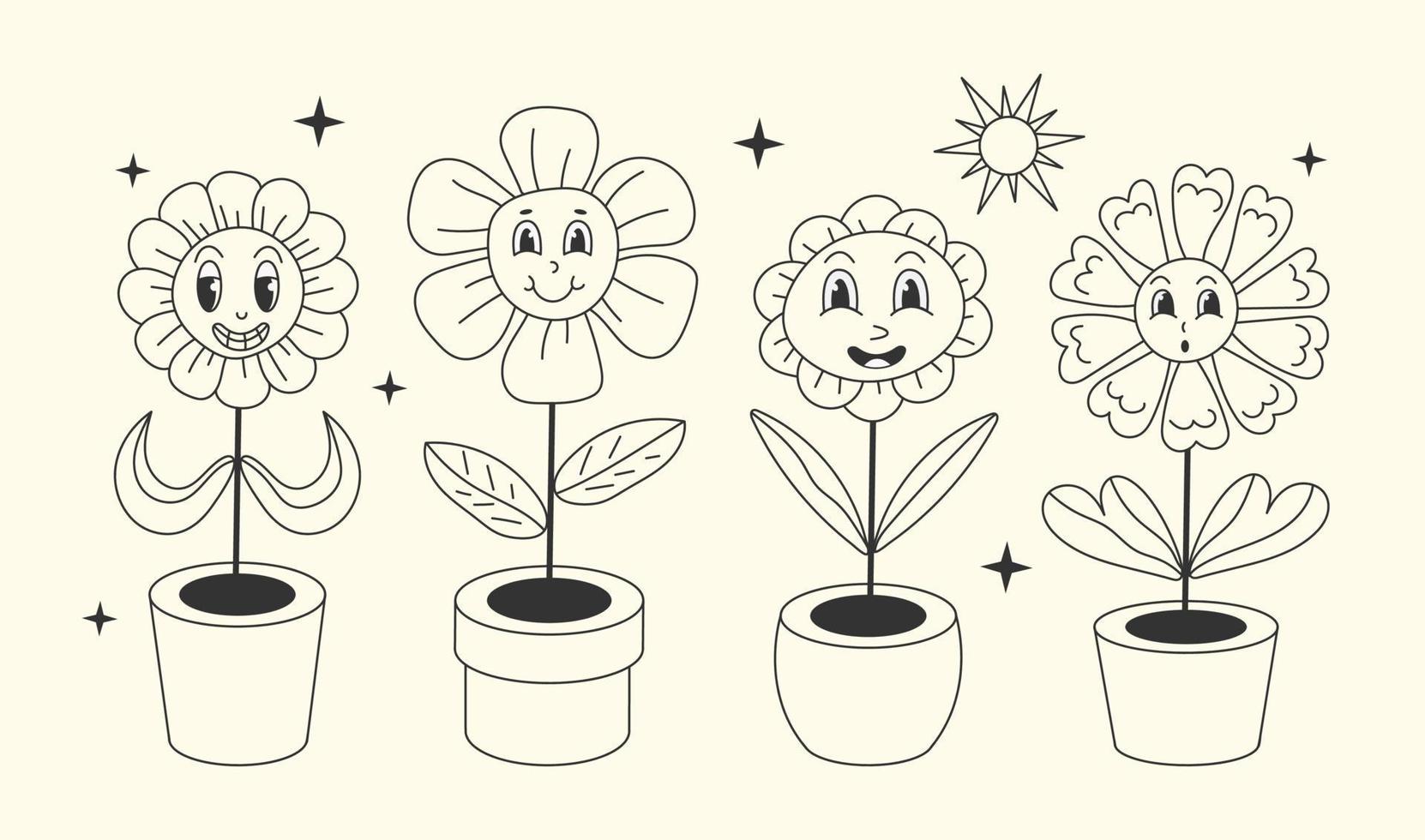 Groovy hippie daisy flowers in flowerpots with cartoon funny smiling faces, chamomile characters. vector