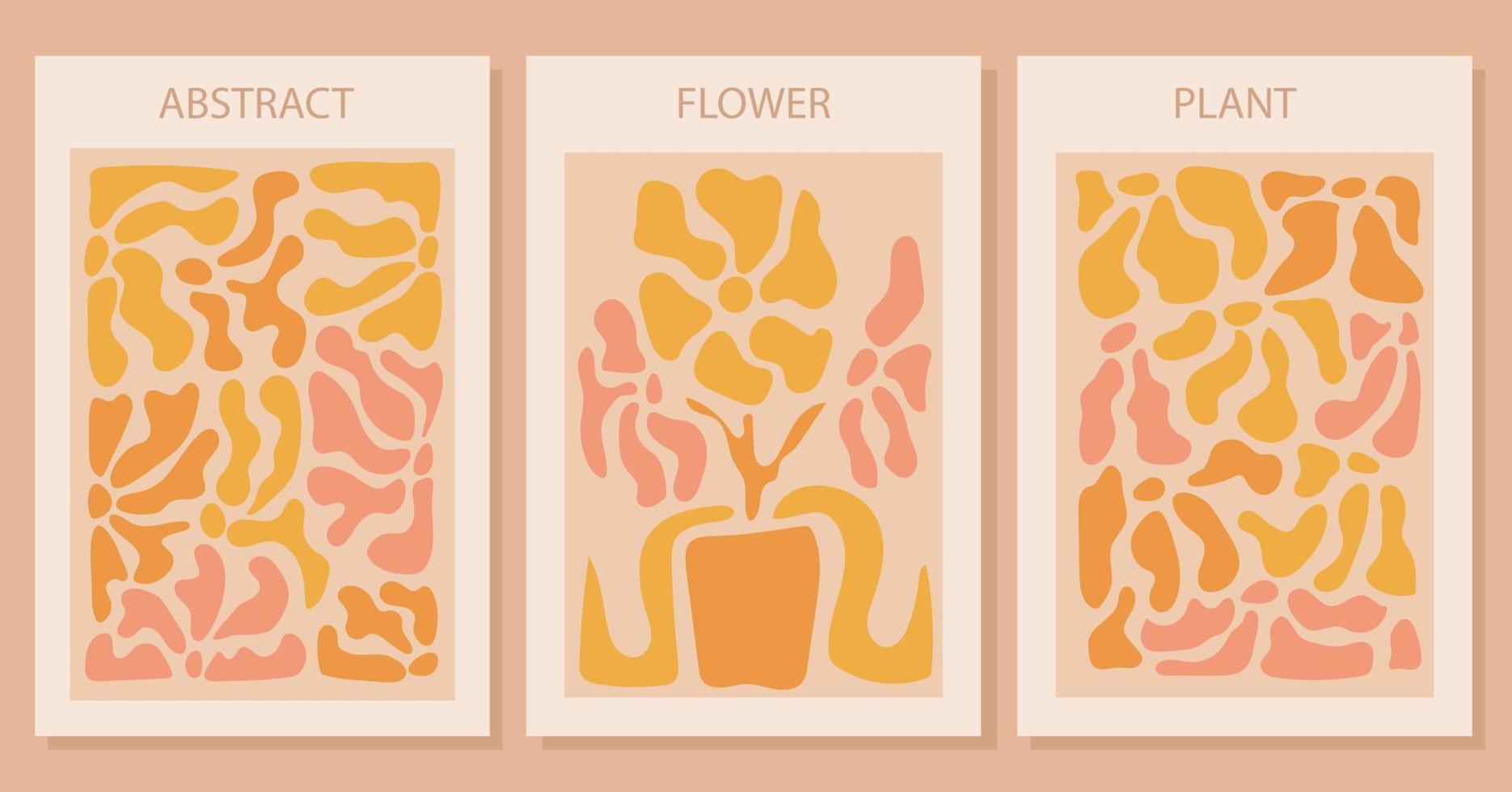 Set of abstract yellow flower posters. Modern naive groovy funky interior decorations, paintings. vector