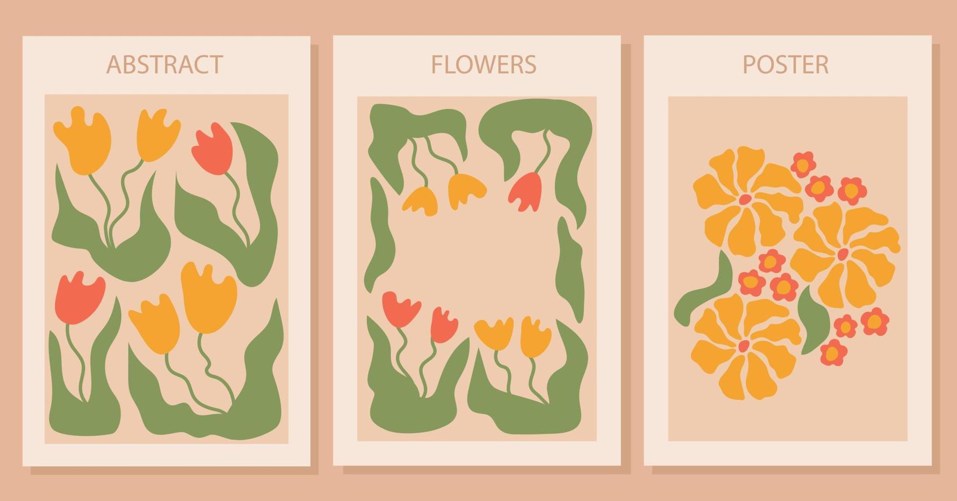 Groovy abstract posters with tulips flower on yellow background vector