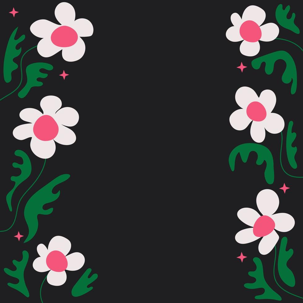 Groovy floral flower frame on black background. vector