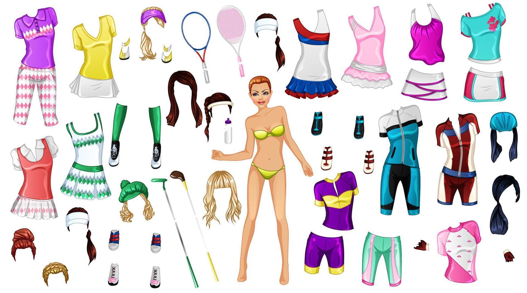 Cute Cartoon Sports Paper Doll with Golf, Tennis and Cycling Outfits, Hairstyles and Accessories. Vector Illustration