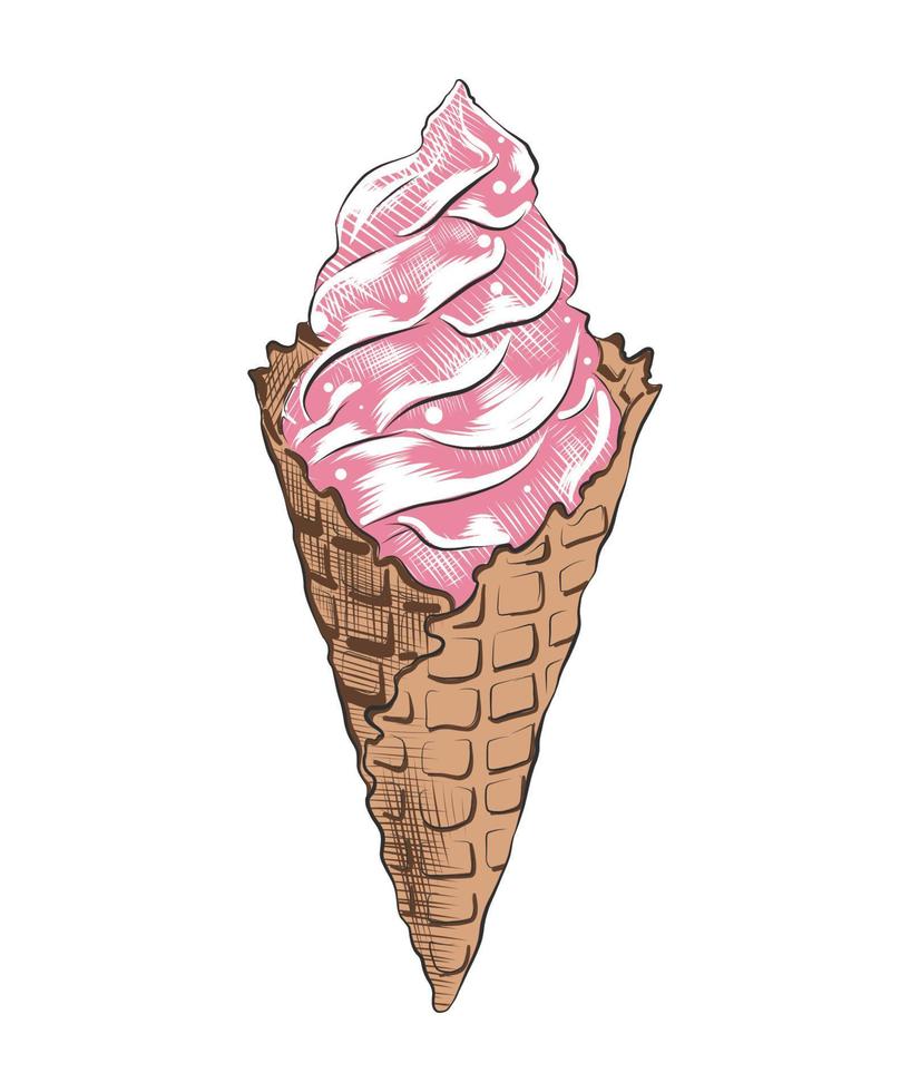 Vector engraved style illustration for posters, decoration, logo, menu and print. Hand drawn sketch of colorful strawberry ice cream cone isolated on white background. Detailed vintage woodcut style