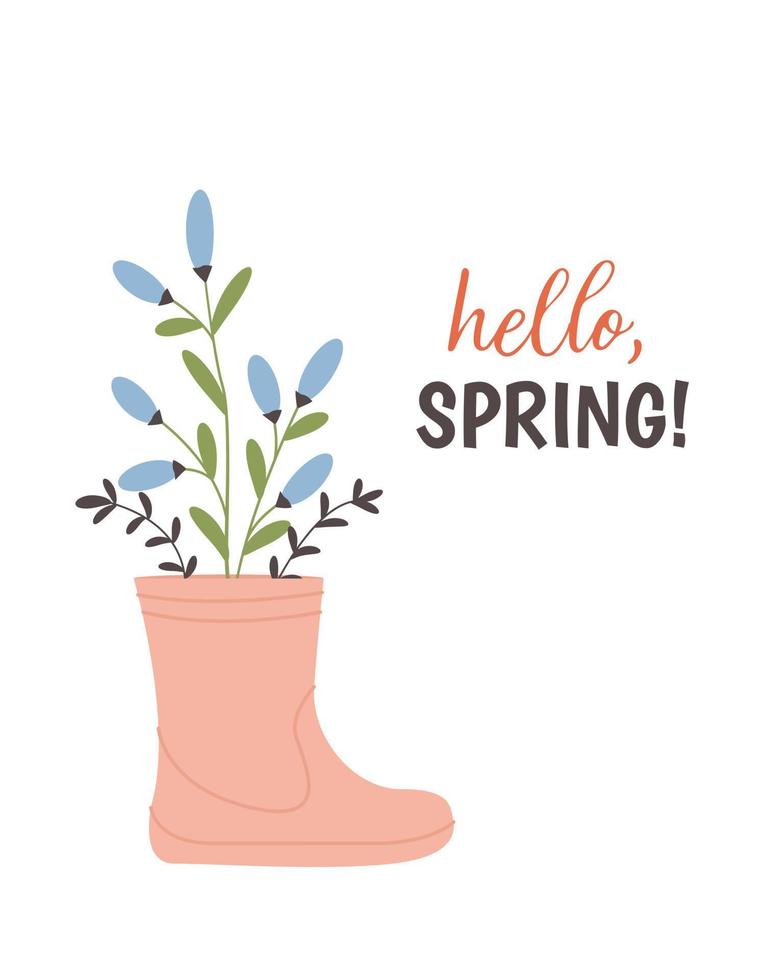 Rubber boot with hand drawn spring flowers. Vector illustration. For spring design. Flat vintage style.