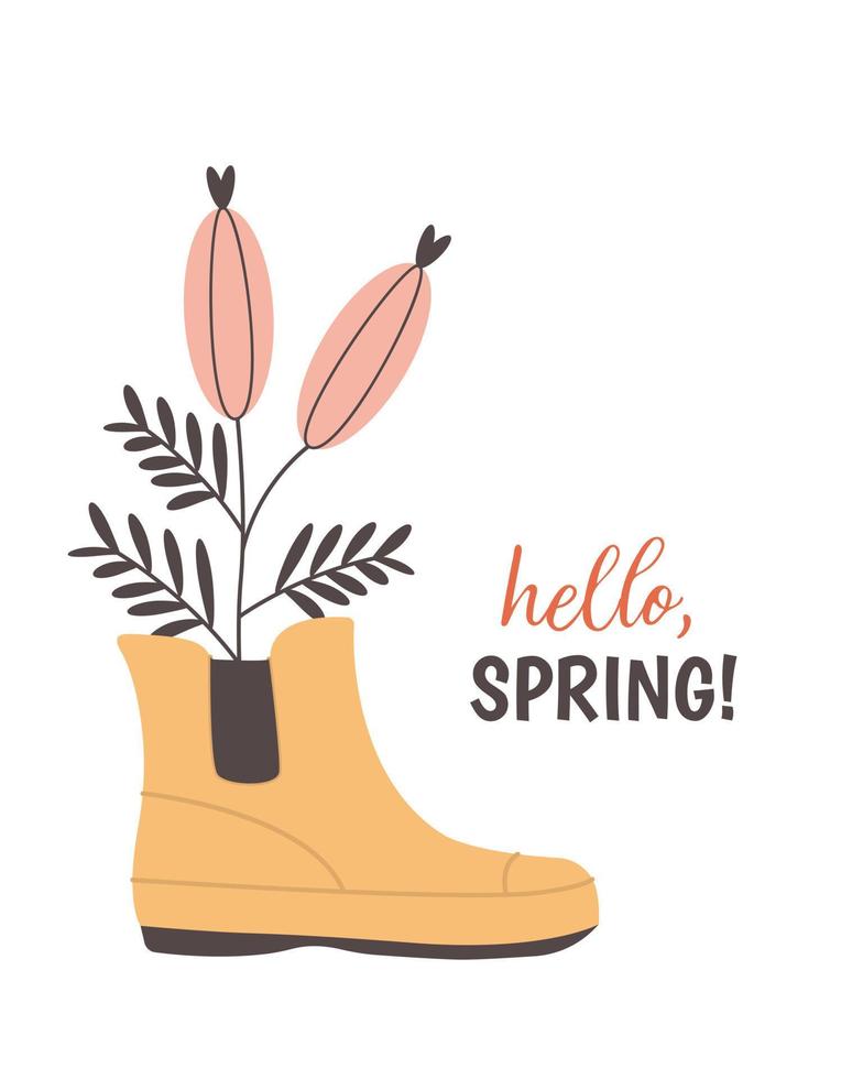 Rubber boot with hand drawn spring flowers. Vector illustration. Cute vector illustration for spring design. Flat vintage style.