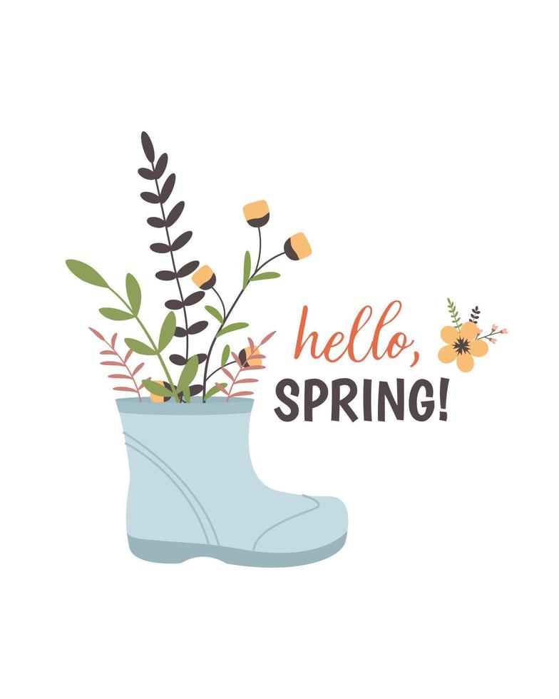 Rubber boot with hand drawn spring flowers. Vector illustration. For spring design. Flat vintage style.