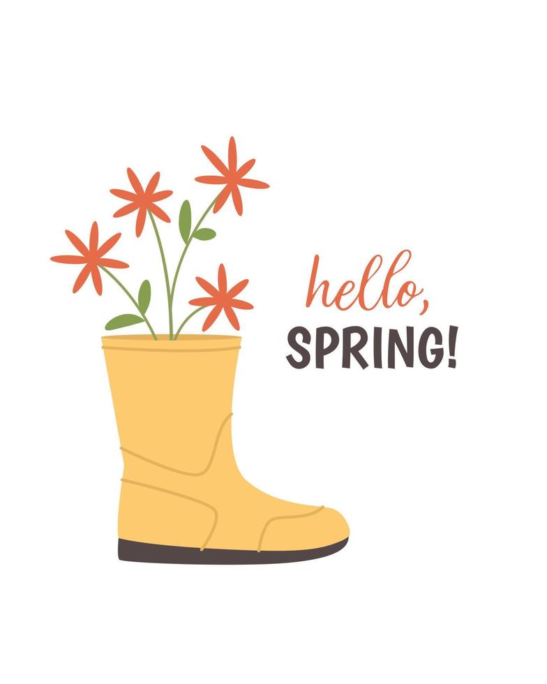 Rubber boot with hand drawn spring flowers. Vector illustration. For spring design. Flat vintage style.