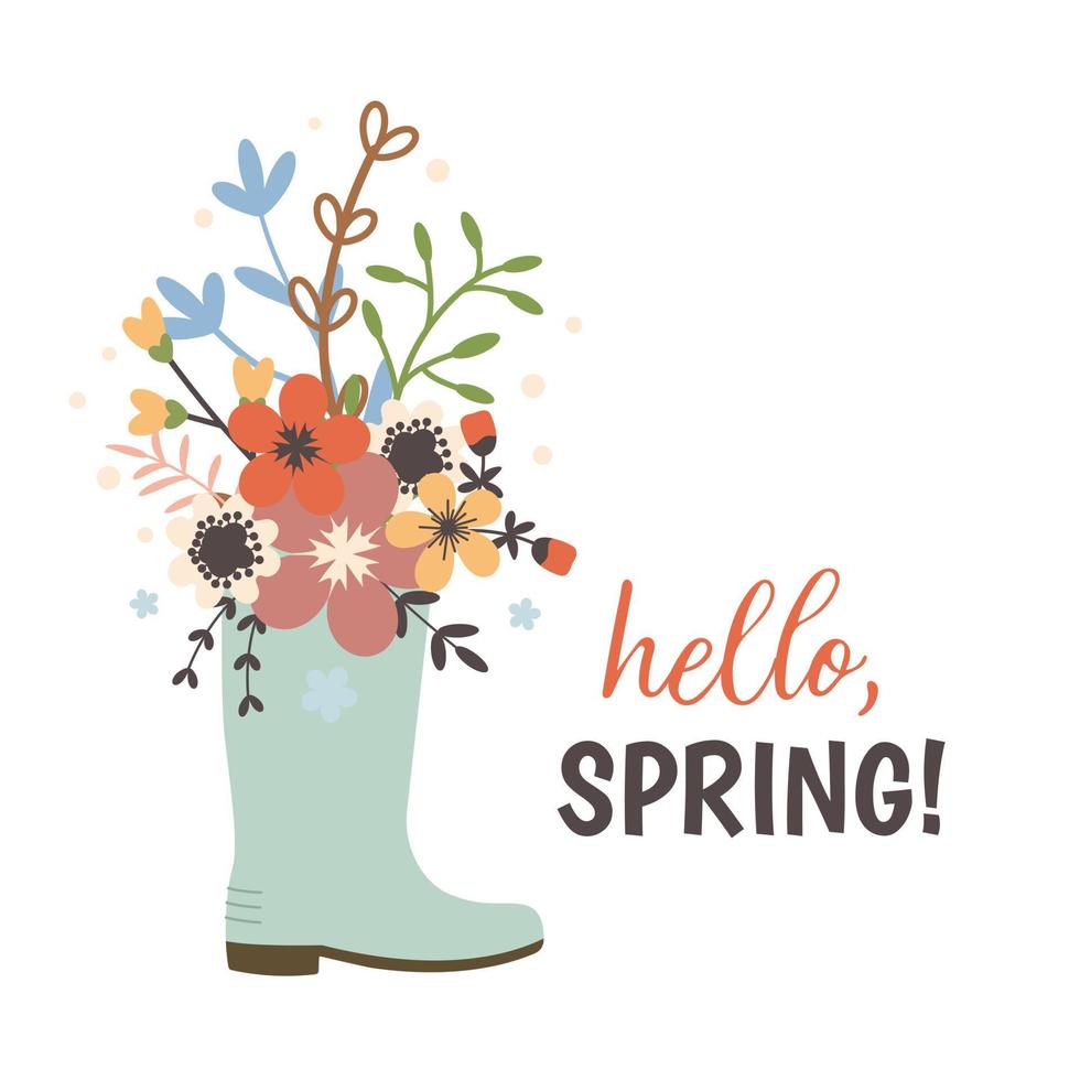 Rubber boot with hand drawn spring flowers. Vector illustration. For spring design. Flat vintage style.