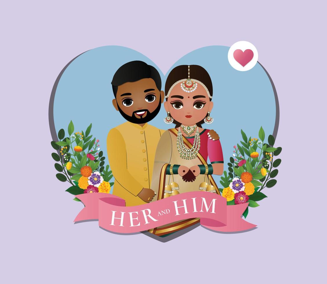 novia y novio linda pareja en traje tradicional indio personaje de dibujos animados vector