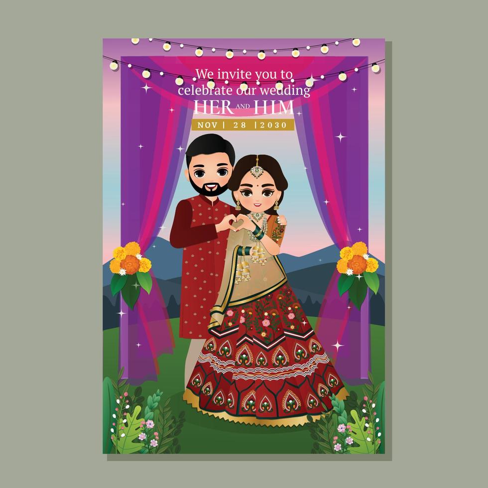 Bride and groom cute couple in traditional indian dress cartoon character vector