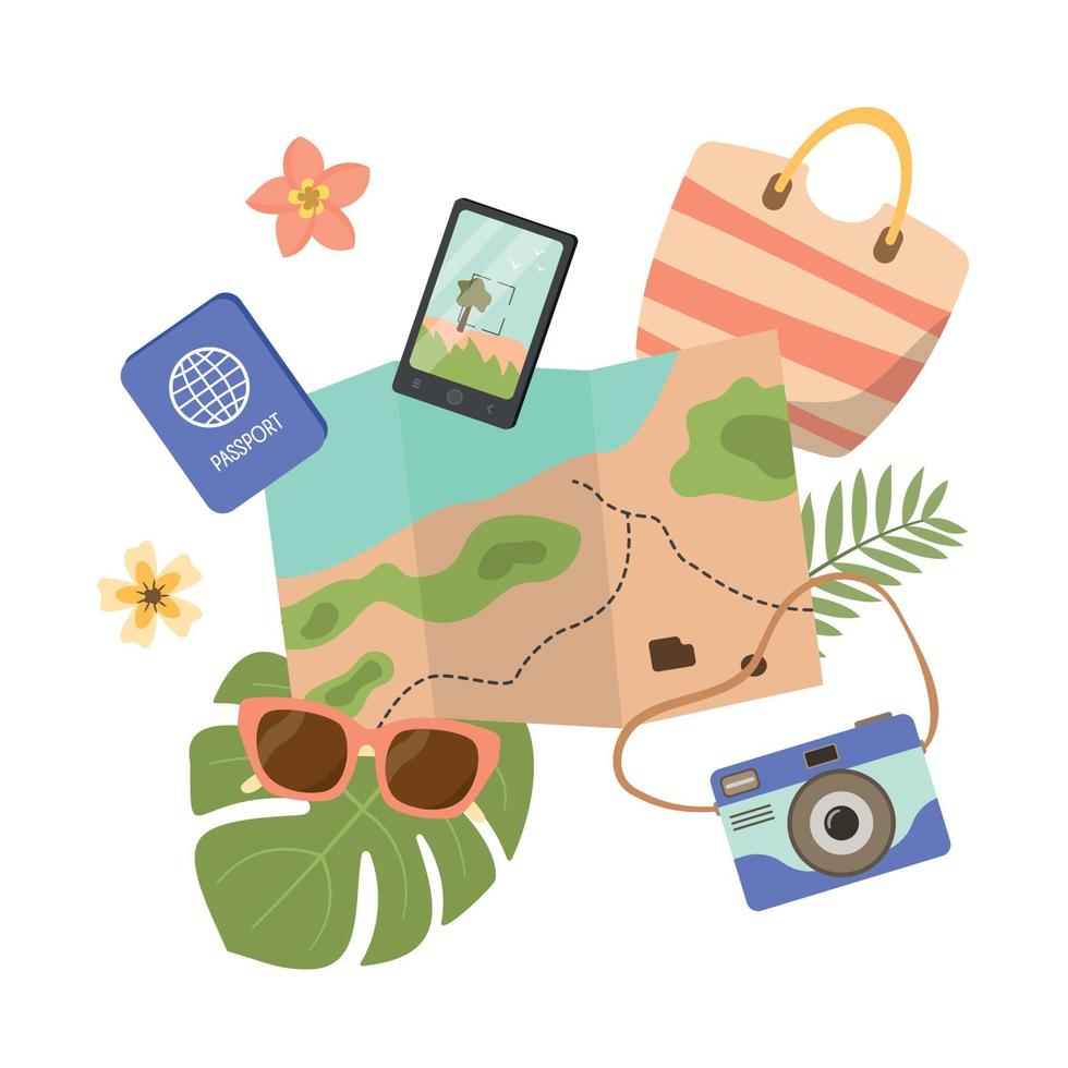 verano de viaje clipart con playa bolsa, mapa, Gafas de sol, teléfono, cámara y hojas. vector dibujos animados plano estilo ilustración. aislado en blanco antecedentes. vector ilustración en dibujos animados plano estilo