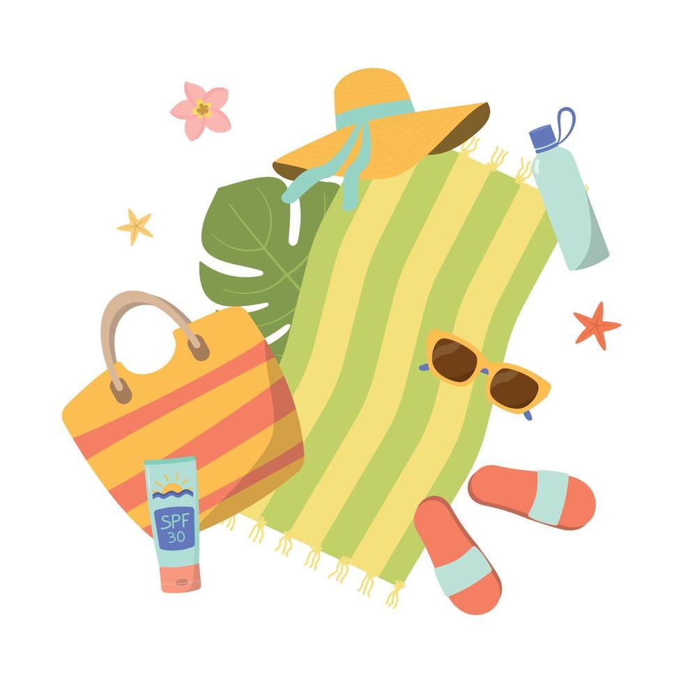 Summer beach vacation clipart with beach bag, hat, sunglasses, and etc. Vector cartoon flat style illustration. Isolated on white background. Vector illustration in cartoon flat style