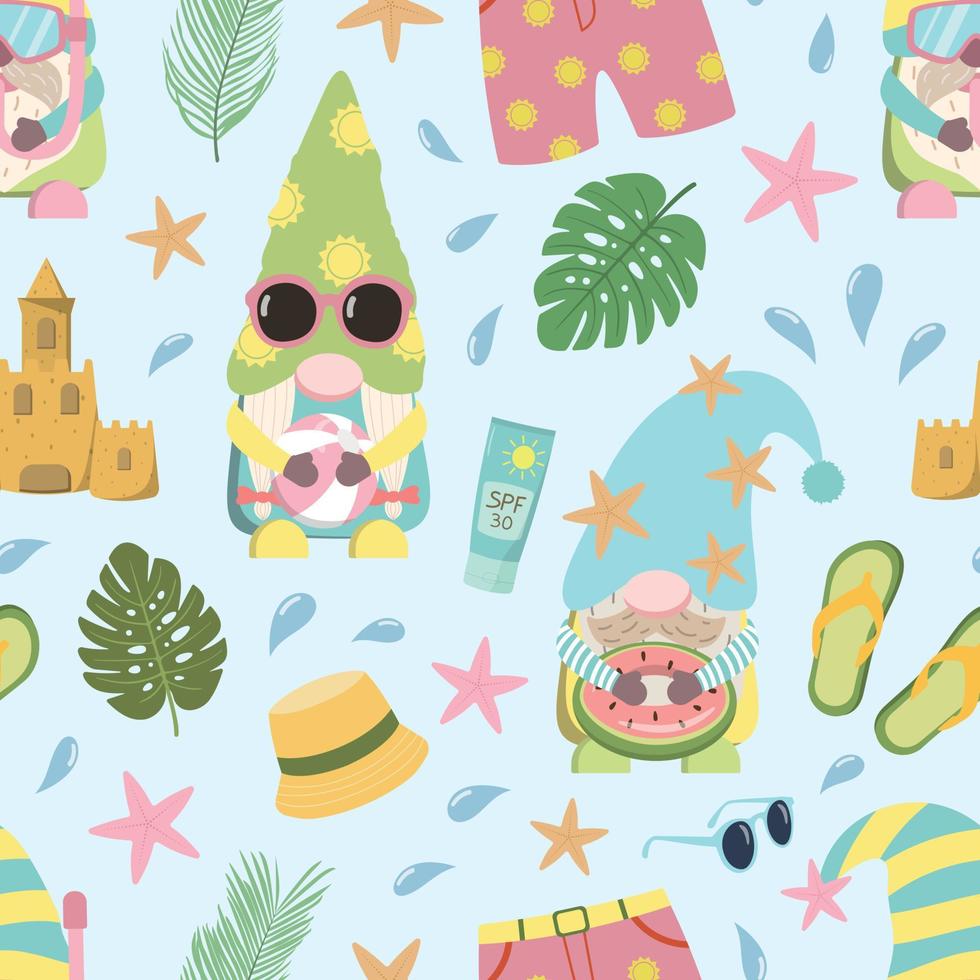 Summer pool party gnomes seamless pattern with summer clothes, sunscreen, sea stars, tropical leaves. Cartoon vector illustration on blue background.