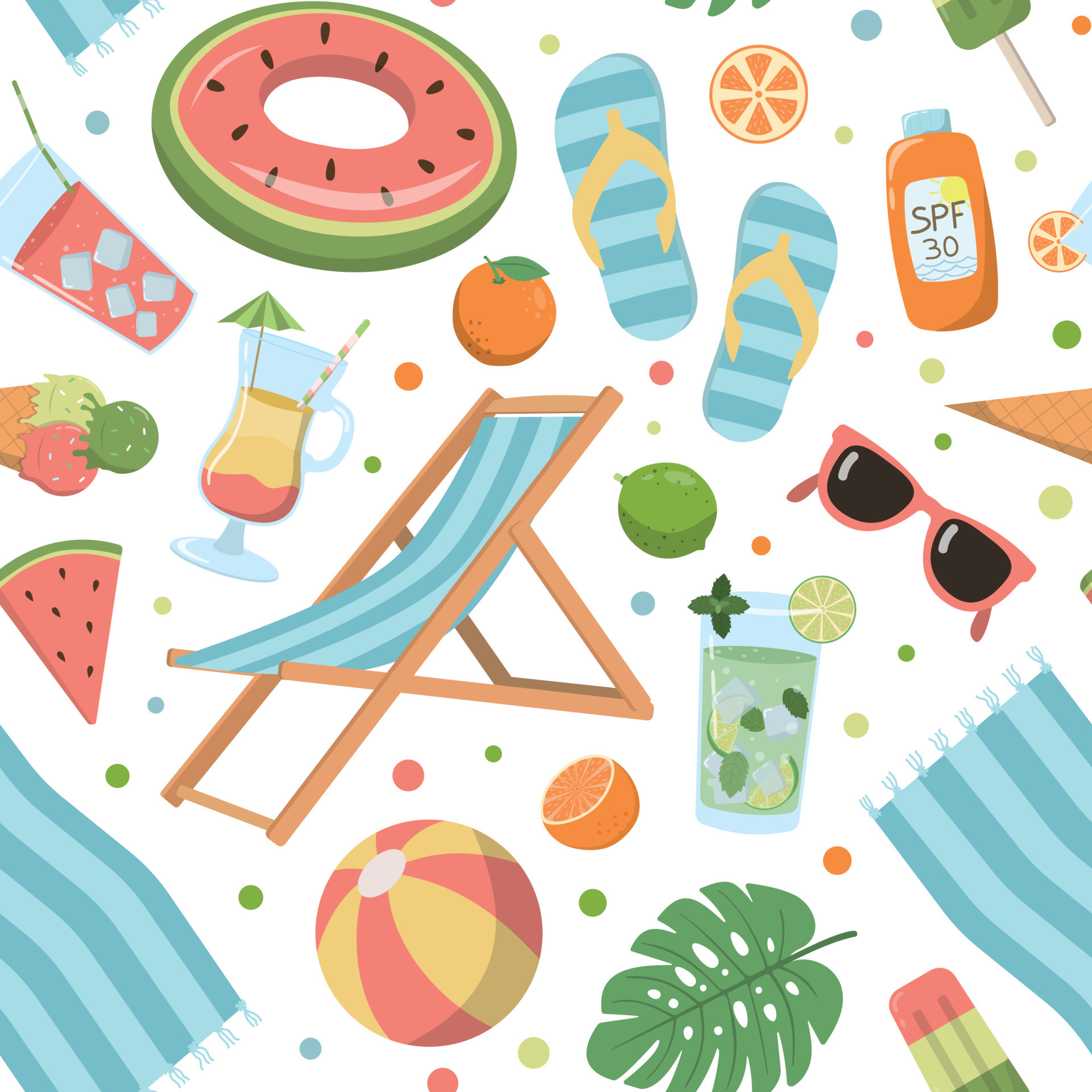 Cartoon summer elements seamless pattern with sling chair, beach towel ...