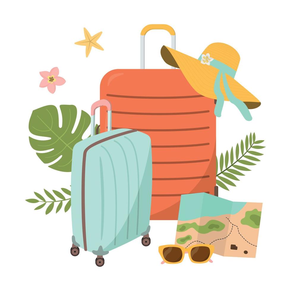 Summer traveling composition with luggage, hat, map, sunglasses vector