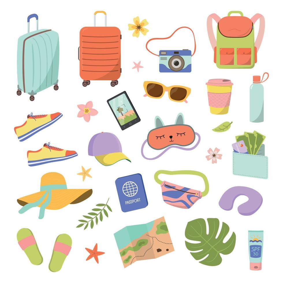 Traveling collection. Camera, suitcases, map, clothes, and accessories for a trip. Isolated on white background. Vector tourist set in flat style